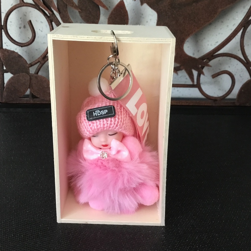 Pink Sleeping Doll Pom Pom Keychain - HDSP Tag box not included